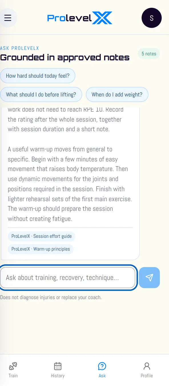 Ask ProLevelX answering a question from approved notes