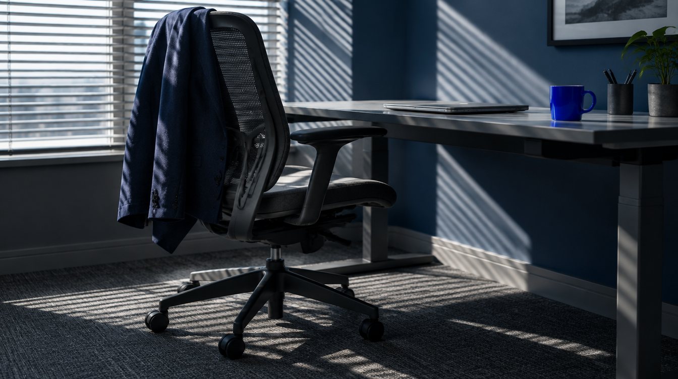 An empty office chair and desk in striped afternoon light