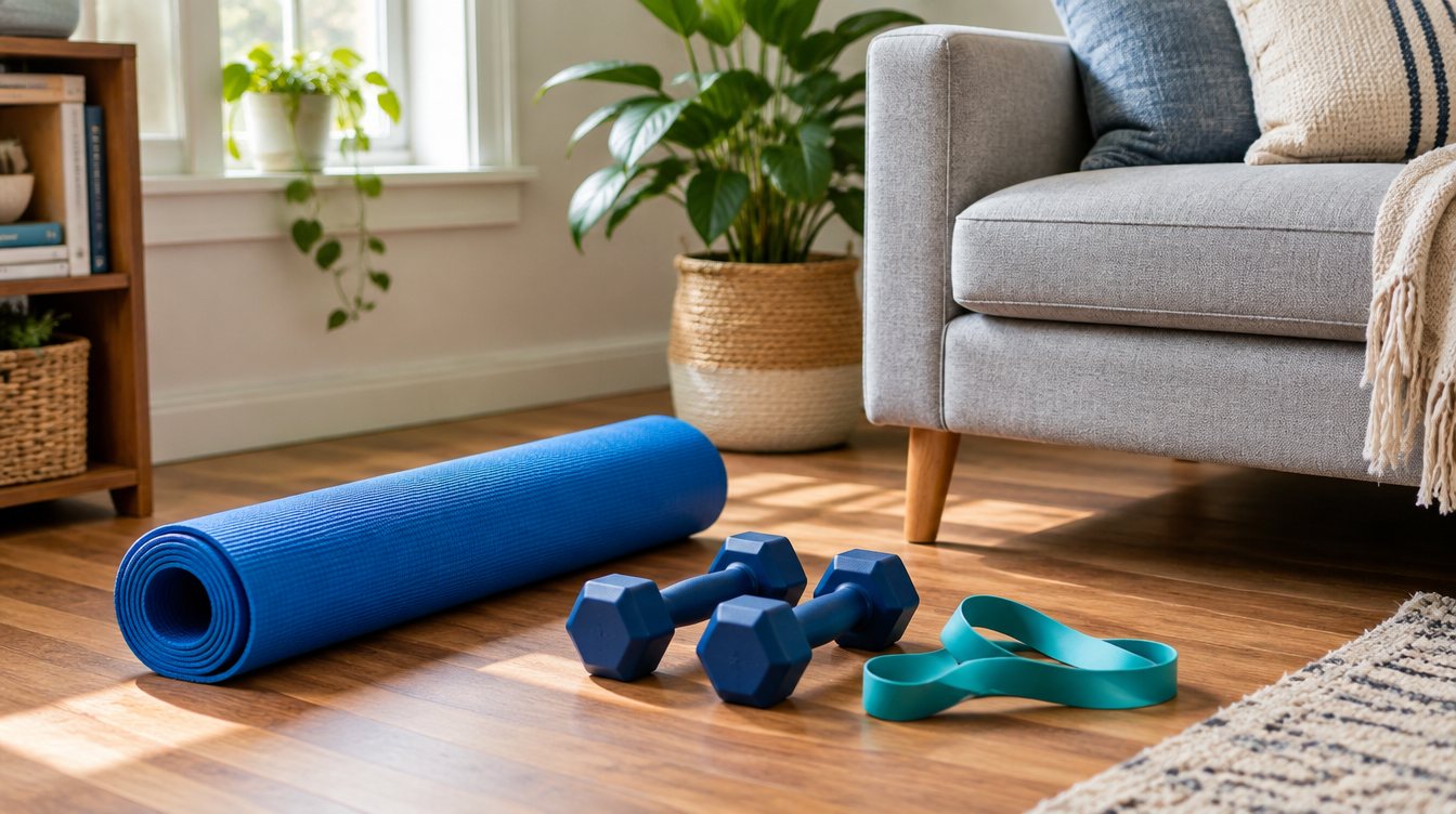 A living-room corner with a rolled blue mat, two dumbbells and a resistance band