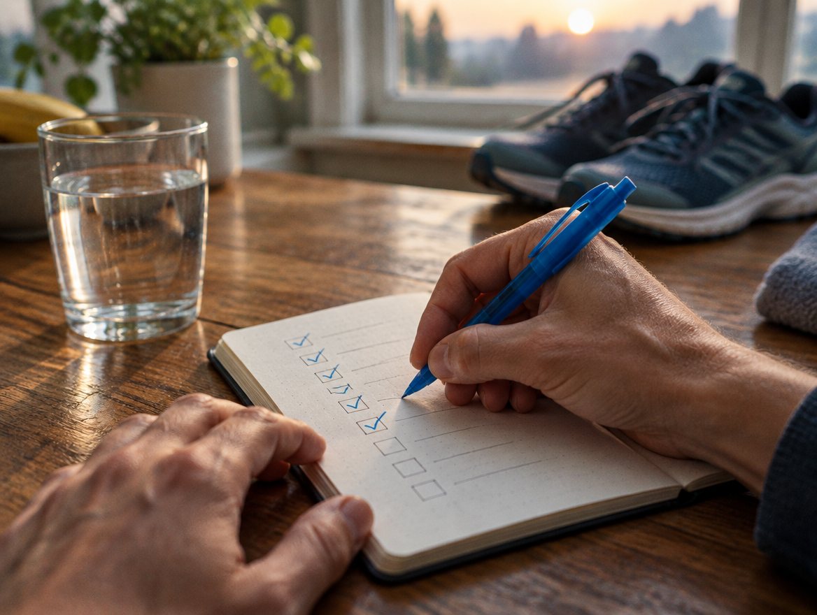 Hands ticking a habit checklist in a notebook beside a glass of water