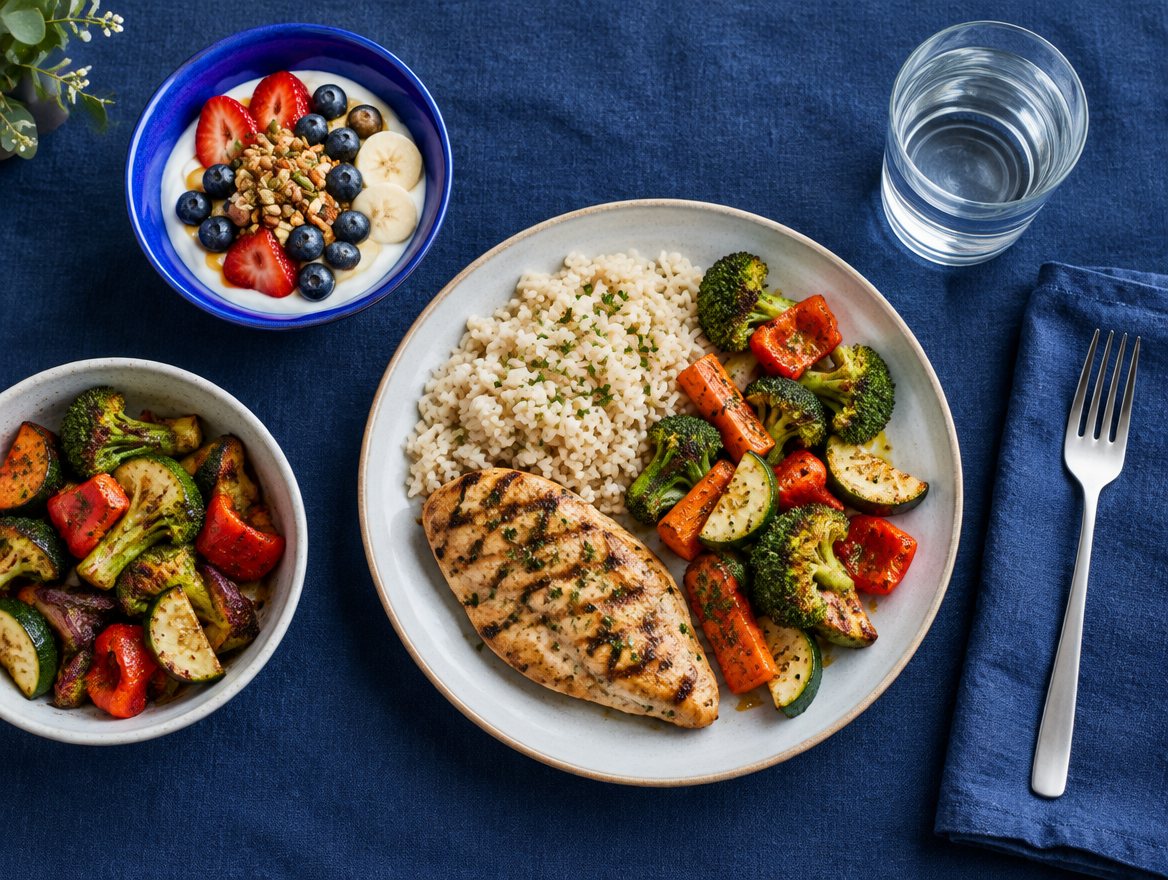 A simple balanced meal on a navy tablecloth